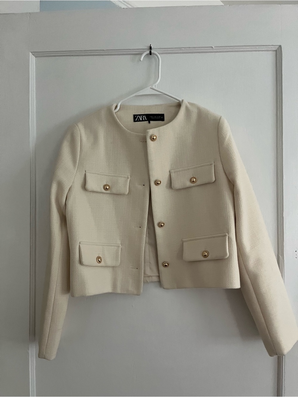 Zara Cream Collarless Jacket with Gold Buttons